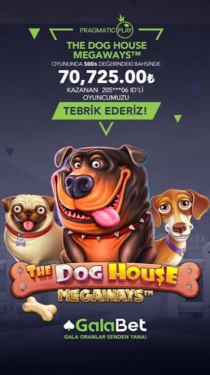 The Dog House Megaways oyununda 70.725,00 TL kazanç duyurusu, Pragmatic Play ve Galabet logosu